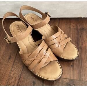 BORN Tan Neutral Leather Comfort Strappy Retro Platform Sandals Shoes Sz 10M